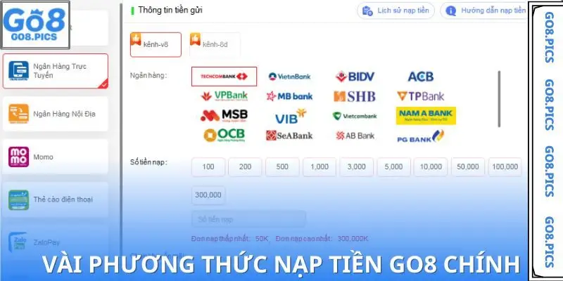 Các hình thức dùng để nạp tiền GO8